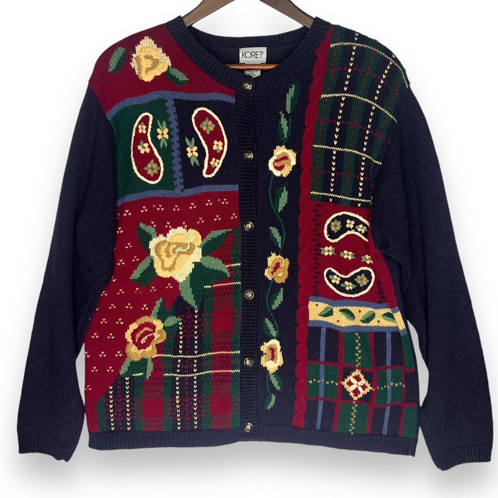 Koret Vintage‎ Cardigan Sweater Button Front Ramie Cotton Floral Stitched Knit L